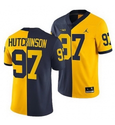Michigan Wolverines 2021 22 Aidan Hutchinson Navy Maize Split Edition College Football Jersey Michigan Wolverines 2021 22 Aidan Hutchinson Navy Maize Split Edition College Football Jersey