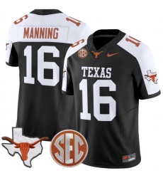 Men Texas Longhorns 16 Arch Manning Black White Map 26 SEC Patch Stitched Football Jersey Men Texas Longhorns 16 Arch Manning Black White Map 26 SEC Patch Stitched Football Jersey