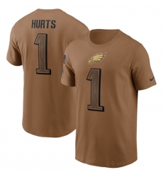 Men Philadelphia Eagles 1 Jalen Hurts 2023 Brown Salute To Service Name Number T Shirt Men Philadelphia Eagles 1 Jalen Hurts 2023 Brown Salute To Service Name Number T Shirt