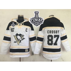 Men Pittsburgh Penguins 87 Sidney Crosby White Sawyer Hooded Sweatshirt 2017 Stanley Cup Final Patch Stitched NHL Jersey