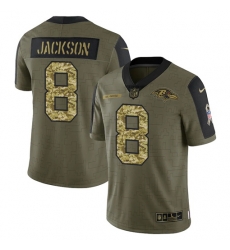 Men Baltimore Ravens 8 Lamar Jackson 2021 Salute To Service Olive Camo Limited Stitched Jersey Men Baltimore Ravens 8 Lamar Jackson 2021 Salute To Service Olive Camo Limited Stitched Jersey