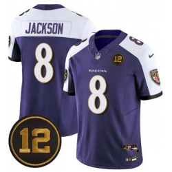 Men Baltimore Ravens 8 Lamar Jackson Purple Alternate 2025 F U S E  Jacoby Jones Patch Vapor Limited Football Jersey