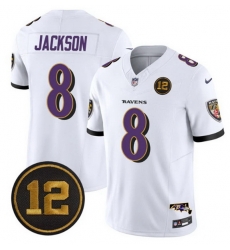 Men Baltimore Ravens 8 Lamar Jackson White 2025 F U S E Jacoby Jones Patch Vapor Limited Football Jersey Men Baltimore Ravens 8 Lamar Jackson White 2025 F U S E Jacoby Jones Patch Vapor Limited Football Jersey