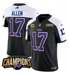 Men Buffalo Bills 17 Josh Allen Black White 2023 F U S E AFC East Champions With 4 Star C Ptach Stitched Football Jersey Men Buffalo Bills 17 Josh Allen Black White 2023 F U S E AFC East Champions With 4 Star C Ptach Stitched Football Jersey