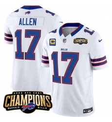Men Buffalo Bills 17 Josh Allen White 2023 F U S E AFC East Champions With 4 Star C Ptach Stitched Football Jersey Men Buffalo Bills 17 Josh Allen White 2023 F U S E AFC East Champions With 4 Star C Ptach Stitched Football Jersey