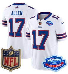 Men Buffalo Bills 17 Josh Allen White 2025 F U S E Farewell Season Gold Shield Patch Stitched Football Jersey