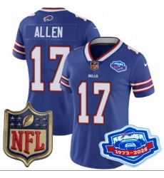 Women Buffalo Bills 17 Josh Allen Blue 2025 F U S E Farewell Season Gold Shield Patch Stitched Football Jersey