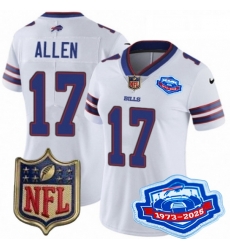 Women Buffalo Bills 17 Josh Allen White 2025 F U S E Farewell Season Gold Shield Patch Stitched Football Jersey Women Buffalo Bills 17 Josh Allen White 2025 F U S E Farewell Season Gold Shield Patch Stitched Football Jersey