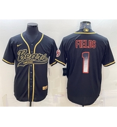 Men Chicago Bears 1 Justin Fields Black Gold With Patch Cool Base Stitched Baseball Jersey Men Chicago Bears 1 Justin Fields Black Gold With Patch Cool Base Stitched Baseball Jersey