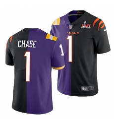 Men Cincinnati Bengals 1 Ja 27Marr Chase 2022 Purple Black Split Super Bowl LVI Stitched Jerse Men Cincinnati Bengals 1 Ja 27Marr Chase 2022 Purple Black Split Super Bowl LVI Stitched Jerse