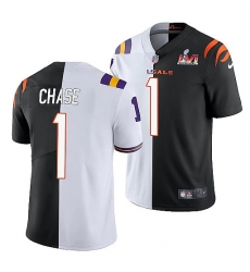 Men Cincinnati Bengals 1 Ja 27Marr Chase 2022 White Black Split Super Bowl LVI Stitched Jerse Men Cincinnati Bengals 1 Ja 27Marr Chase 2022 White Black Split Super Bowl LVI Stitched Jerse