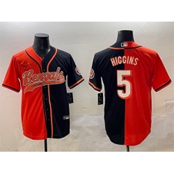 Men Cincinnati Bengals 5 Tee Higgins Orange Black Split With Patch Cool Base Stitched Baseball Jersey