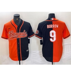 Men Cincinnati Bengals 9 Joe Burrow Black Orange Split With Patch Cool Base Stitched Baseball Jersey Men Cincinnati Bengals 9 Joe Burrow Black Orange Split With Patch Cool Base Stitched Baseball Jersey