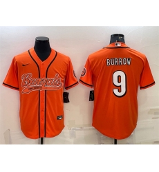 Men Cincinnati Bengals 9 Joe Burrow Orange With Patch Cool Base Stitched Baseball Jersey Men Cincinnati Bengals 9 Joe Burrow Orange With Patch Cool Base Stitched Baseball Jersey