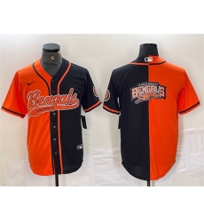 Men Cincinnati Bengals Team Big Logo Black Orange Split With Patch Cool Base Stitched Baseball Jersey Men Cincinnati Bengals Team Big Logo Black Orange Split With Patch Cool Base Stitched Baseball Jersey