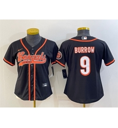 Women Cincinnati Bengals 9 Joe Burrow Black With Patch Cool Base Stitched Baseball Jersey Women Cincinnati Bengals 9 Joe Burrow Black With Patch Cool Base Stitched Baseball Jersey