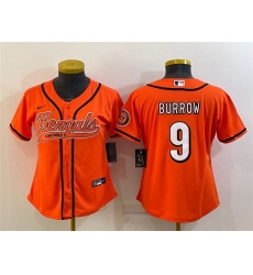 Women Cincinnati Bengals 9 Joe Burrow Orange With Patch Cool Base Stitched Baseball Jersey Women Cincinnati Bengals 9 Joe Burrow Orange With Patch Cool Base Stitched Baseball Jersey
