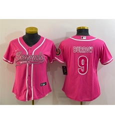 Women Cincinnati Bengals 9 Joe Burrow Pink With Patch Cool Base Stitched Baseball Jersey Women Cincinnati Bengals 9 Joe Burrow Pink With Patch Cool Base Stitched Baseball Jersey