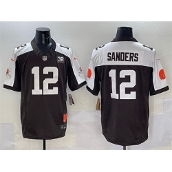 Men Cleveland Browns 12 Shedeur Sanders Brown White 2025 Draft F U S E  With Jim Brown Memorial  26 Home Patch Vapor Limited Stitched Football Jersey