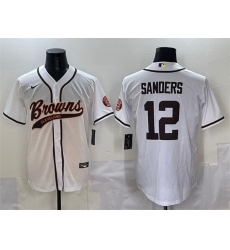 Men Cleveland Browns 12 Shedeur Sanders White With Patch Cool Base Stitched Baseball Jersey