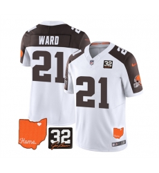 Men Cleveland Browns 21 Denzel Ward White Brown 2023 F U S E With Jim Brown Memorial Patch Vapor Untouchable Limited Stitched Jersey Men Cleveland Browns 21 Denzel Ward White Brown 2023 F U S E With Jim Brown Memorial Patch Vapor Untouchable Limited Stitched Jersey