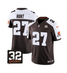 Men Cleveland Browns 27 Kareem Hunt Brown White 2023 F U S E With Jim Brown Memorial Patch Vapor Untouchable Limited Stitched Jersey Men Cleveland Browns 27 Kareem Hunt Brown White 2023 F U S E With Jim Brown Memorial Patch Vapor Untouchable Limited Stitched Jersey