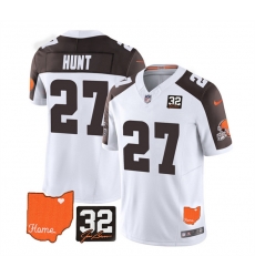 Men Cleveland Browns 27 Kareem Hunt White Brown 2023 F U S E With Jim Brown Memorial Patch Vapor Untouchable Limited Stitched Jersey Men Cleveland Browns 27 Kareem Hunt White Brown 2023 F U S E With Jim Brown Memorial Patch Vapor Untouchable Limited Stitched Jersey