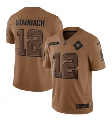 Men Dallas Cowboys 12 Roger Staubach 2023 Brown Salute To Service Limited Stitched Football Jersey Men Dallas Cowboys 12 Roger Staubach 2023 Brown Salute To Service Limited Stitched Football Jersey
