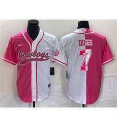 Men Dallas Cowboys 7 Trevon Diggs Pink White Split Cool Base Stitched Baseball Jersey Men Dallas Cowboys 7 Trevon Diggs Pink White Split Cool Base Stitched Baseball Jersey