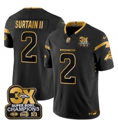 Men Denver Broncos 2 Pat Surtain II Black Gold F U S E 3 Time Champions Patch Vapor Limited Stitched Football Jersey Men Denver Broncos 2 Pat Surtain II Black Gold F U S E 3 Time Champions Patch Vapor Limited Stitched Football Jersey