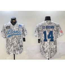 Men Detroit Lions 14 Amon Ra St Brown 2024 Arctic Camo Salute To Service Stitched Baseball Jersey 3 Men Detroit Lions 14 Amon Ra St Brown 2024 Arctic Camo Salute To Service Stitched Baseball Jersey 3
