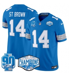 Men Detroit Lions 14 Amon Ra St Brown Blue 2024 NFC North Champions 90th Anniversary Patch F U S E Vapor Limited Stitched Jersey Men Detroit Lions 14 Amon Ra St Brown Blue 2024 NFC North Champions 90th Anniversary Patch F U S E Vapor Limited Stitched Jersey