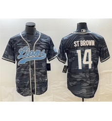 Men Detroit Lions 14 Amon Ra St Brown Grey Camo Cool Base Stitched Baseball Jersey Men Detroit Lions 14 Amon Ra St Brown Grey Camo Cool Base Stitched Baseball Jersey