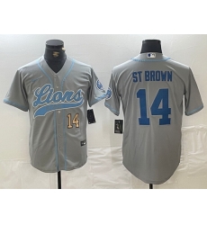 Men Detroit Lions 14 Amon Ra St Brown Grey Cool Base Stitched Baseball Jersey 2 Men Detroit Lions 14 Amon Ra St Brown Grey Cool Base Stitched Baseball Jersey 2