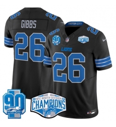 Men Detroit Lions 26 Jahmyr Gibbs Black 2024 NFC North Champions 90th Anniversary Patch F U S E Vapor Limited Stitched Jersey Men Detroit Lions 26 Jahmyr Gibbs Black 2024 NFC North Champions 90th Anniversary Patch F U S E Vapor Limited Stitched Jersey