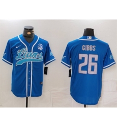 Men Detroit Lions 26 Jahmyr Gibbs Blue With 90th Anniversary Patch Cool Base Stitched Baseball Jersey Men Detroit Lions 26 Jahmyr Gibbs Blue With 90th Anniversary Patch Cool Base Stitched Baseball Jersey
