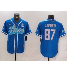 Men Detroit Lions 87 Sam LaPorta Blue With 90th Anniversary Patch Cool Base Stitched Baseball Jersey Men Detroit Lions 87 Sam LaPorta Blue With 90th Anniversary Patch Cool Base Stitched Baseball Jersey