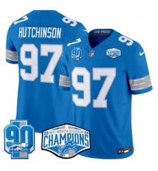 Men Detroit Lions 97 Aidan Hutchinson Blue 2024 NFC North Champions 90th Anniversary Patch F U S E Vapor Limited Stitched Jersey Men Detroit Lions 97 Aidan Hutchinson Blue 2024 NFC North Champions 90th Anniversary Patch F U S E Vapor Limited Stitched Jersey