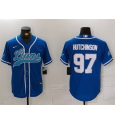 Men Detroit Lions 97 Aidan Hutchinson Blue Cool Base Stitched Baseball Jersey Men Detroit Lions 97 Aidan Hutchinson Blue Cool Base Stitched Baseball Jersey