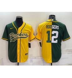 Men Green Bay Packers 12 Aaron Rodgers Green Yellow Split With Patch Cool Base Stitched Baseball Jersey Men Green Bay Packers 12 Aaron Rodgers Green Yellow Split With Patch Cool Base Stitched Baseball Jersey