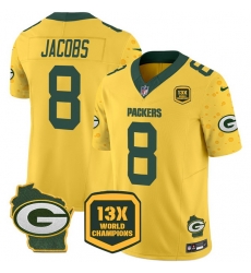 Men Green Bay Packers 8 Josh Jacobs Cheese Gold 2024 F U S E 13 Time World Champions And Home Patch Vapor Untouchable Limited Stitched Football Jersey Men Green Bay Packers 8 Josh Jacobs Cheese Gold 2024 F U S E 13 Time World Champions And Home Patch Vapor Untouchable Limited Stitched Football Jersey