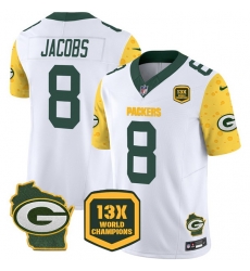 Men Green Bay Packers 8 Josh Jacobs Cheese White 2024 F U S E 13 Time World Champions And Home Patch Vapor Untouchable Limited Stitched Football Jersey Men Green Bay Packers 8 Josh Jacobs Cheese White 2024 F U S E 13 Time World Champions And Home Patch Vapor Untouchable Limited Stitched Football Jersey