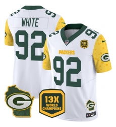 Men Green Bay Packers 92 Reggie White Cheese White 2024 F U S E 13 Time World Champions And Home Patch Vapor Untouchable Limited Stitched Football Jersey Men Green Bay Packers 92 Reggie White Cheese White 2024 F U S E 13 Time World Champions And Home Patch Vapor Untouchable Limited Stitched Football Jersey