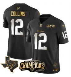 Men Houston Texans 12 Nico Collins Black Golden 2023 F U S E With AFC South Champions Patch And Team Logo Patch Limited Stitched Football Jersey Men Houston Texans 12 Nico Collins Black Golden 2023 F U S E With AFC South Champions Patch And Team Logo Patch Limited Stitched Football Jersey
