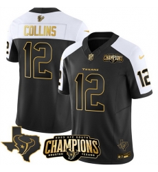 Men Houston Texans 12 Nico Collins Black White Golden 2023 F U S E With AFC South Champions Patch And Team Logo Patch Limited Stitched Football Jersey Men Houston Texans 12 Nico Collins Black White Golden 2023 F U S E With AFC South Champions Patch And Team Logo Patch Limited Stitched Football Jersey