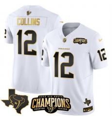 Men Houston Texans 12 Nico Collins White Golden 2023 F U S E With AFC South Champions Patch And Team Logo Patch Limited Stitched Football Jersey Men Houston Texans 12 Nico Collins White Golden 2023 F U S E With AFC South Champions Patch And Team Logo Patch Limited Stitched Football Jersey