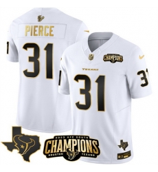 Men Houston Texans 31 Dameon Pierce White Golden 2023 F U S E With AFC South Champions Patch And Team Logo Patch Limited Stitched Football Jersey Men Houston Texans 31 Dameon Pierce White Golden 2023 F U S E With AFC South Champions Patch And Team Logo Patch Limited Stitched Football Jersey