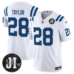 Men Indianapolis Colts 28 Jonathan Taylor White 2025 F U S E  Jim Irsay Patch Vapor Limited Stitched Football Jersey
