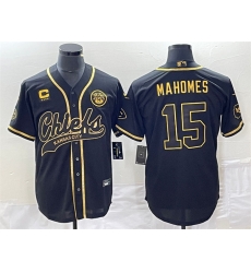 Men Kansas City Chiefs 15 Patrick Mahomes Black Gold With 4 Star C Patch Cool Bae Stitched Baseball Jersey Men Kansas City Chiefs 15 Patrick Mahomes Black Gold With 4 Star C Patch Cool Bae Stitched Baseball Jersey