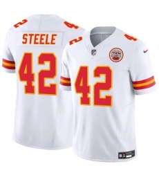 Men Kansas City Chiefs 42 Carson Steele White 2023 F U S E Vapor Untouchable Limited Stitched Football Jersey Men Kansas City Chiefs 42 Carson Steele White 2023 F U S E Vapor Untouchable Limited Stitched Football Jersey